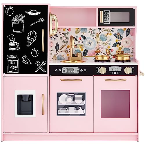 Best Choice Products Pretend Play Kitchen Wooden Toy Set for Kids w/Realistic Design, Telephone, Utensils, Oven, Microwave, Sink - Pink Floral