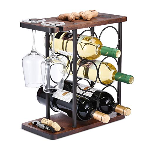ALLCENER Wine Rack with Glass Holder, Countertop Wine Rack, Wooden Wine Holder with Tray, Perfect for Home Decor & Kitchen Storage Rack etc (Hold 6 Bottles and 2 Glasses)