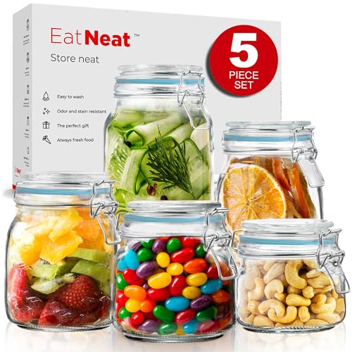 EatNeat Set of 5 Airtight Glass Kitchen Canisters with Bail and Trigger Clasp Lid - Premium Food Storage and Canning Jars for Pantry Organization - Versatile Containers in Assorted Sizes, 17oz to 68oz