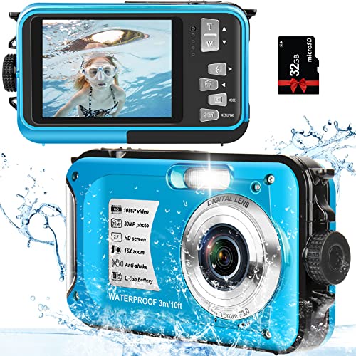 Underwater Camera with 32GB Card Waterproof Camera 10FT 30MP FHD 1080P Compact 16X Digital Zoom Underwater Digital Camera for Snorkeling, Blue
