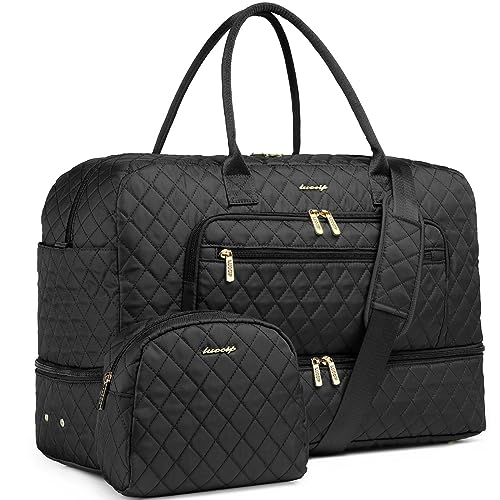 Large Women Travel Duffle Bag - Carry on Overnight Bag Weekend Travel Duffel Tote Bag Yoga Gym Bag with Wet Pocket Toiletry Weekender Overnight Bag for Travel Business Trips Sport Hospital Black