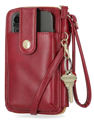 Mundi Jacqui RFID Blocking Crossbody Wallet Bag for Women, Compact Travel-Size Cell Phone Holder Purse - Vegan Leather, Red