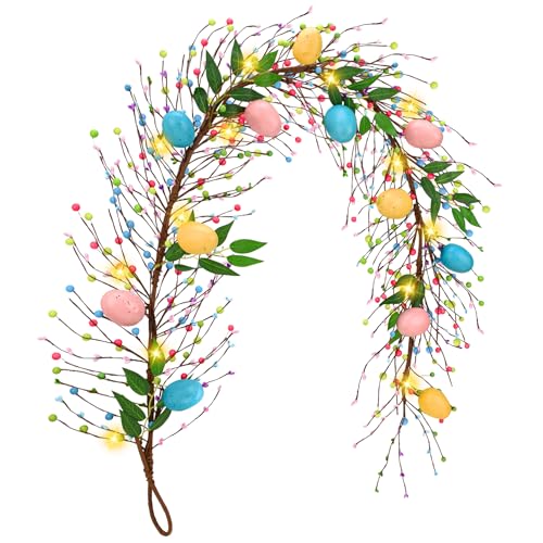 Aucurwen 6 FT Lighted Easter Garland, Artificial Easter Garland for Mantle, 30 LED Spring Easter Egg Garland with Mixed Berries Stamens for Easter Eggs Garland Decorations