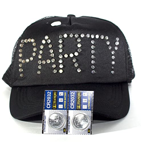 Imprints Plus Black Trucker Hat Baseball Cap with Flashing LED Lights Blinks “Party” in 3 Color Modes Has One-Size-Fits-All Snapback Breathable Mesh Panels % 2 Extra Batteries with Instructions