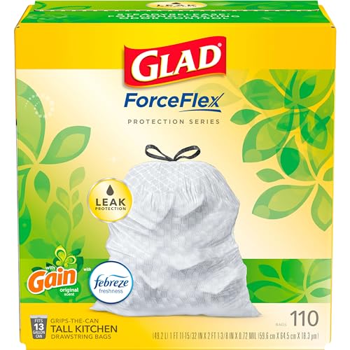 Glad Trash Bags, ForceFlex Protection Series Tall Garbage Bags, 13 Gal, Gain Original with Febreze, 110 Ct (Package May Vary)