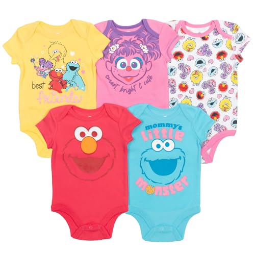 Sesame Street Elmo Cookie Monster Big Bird Infant Baby Girls 5 Pack Cuddly Short Sleeve Bodysuits Sesame Street 24 Months