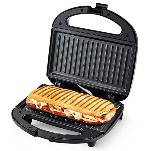 MONXOOK Electric Panini Press, 750W Sandwich Press, Non-Stick Coated Plates 8.46INx4.92IN, Panini Press Sandwich Maker with Indicator Lights, Cool Touch Handle, Black