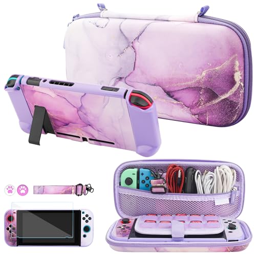 FUNDIARY Carrying Case Compatible with Nintendo Switch(Not for OLED or Lite), Slim Portable Hard Protective Shell Travel Bag with 10 Games Card Slots for Console Joycon & Accessories, Purple Marble
