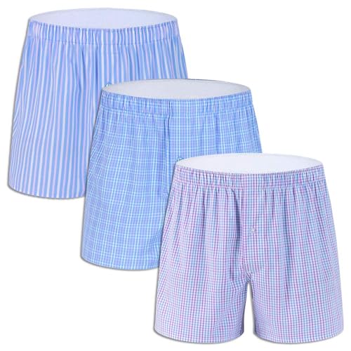 M MOACC Men's Boxer Shorts, 100% Cotton Boxers for Men, Mens Boxer Briefs Button Fly Plaid Premium Underwear Tagless Pack 3,Large