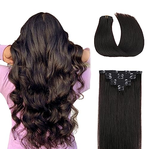 Clip In Extensions Human Hair,Lace Edge Double Weft 70g 7pcs Human Hair Clip In Extensions 18Inch #1B Natural Black Remy Hair Clip In Hair Extensions