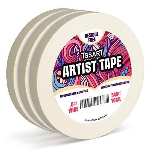 TSSART 3 Pack White Artist Tape - Masking Artists Tape for Drafting Art Watercolor Painting Canvas Framing - Acid Free 0.6inch Wide 540FT Long Total