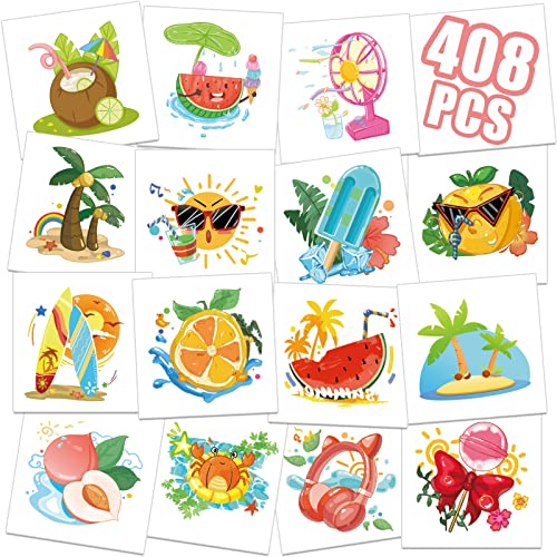 Metker Hawaii,Summer(408PCS) Kids Individual Temporary Tattoos,Hawaiian Luau Themed Tattoos,Girls Boys Beach Pool Waterproof Tattoos,Goody Bag Stuffers Party Bag Fillers