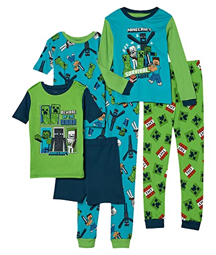 Minecraft Boys' 6-Piece Snug-Fit Cotton Pajamas Set, Blue, Green, 10