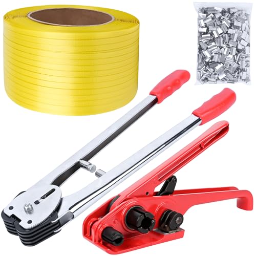 Banding Packaging Pallet Strapping Kit Poly Strapping Tensioner Tool, Banding Sealer Tool, 300 Metal Seals, 3500' Length PP Packaging Strapping Banding (Red)