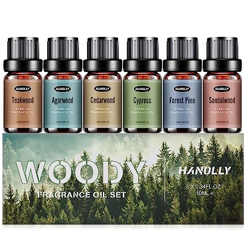 Woody Essential Oils Set, Men Scents Fragrance Oil Aromatherapy Essential Oils Kit for Diffuser (6x10ML) - Sandalwood, Cedarwood, Teakwood, Agarwood, Cypress, Forest Pine Aromatherapy Oils