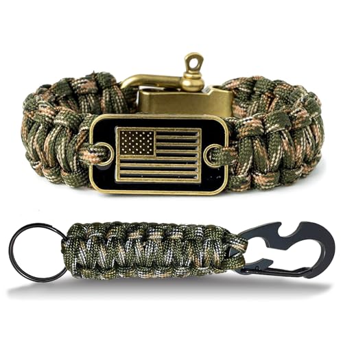 GRINEER Hero Company's Jungle Camo Paracord Bracelet - Men's Survival Bracelet with Bronze USA Flag - 3 Adjustable Sizes for Tactical Readiness, L