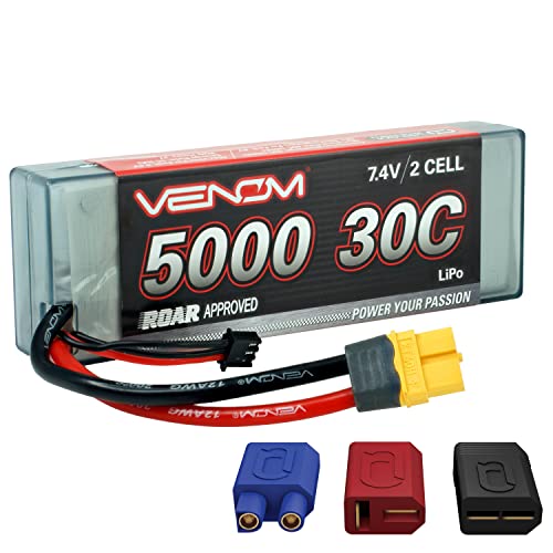 Venom Drive Series 30C 2S - 5000mAh 7.4V LiPo RC Battery - Universal 2.0 Plug, Lithium Polymer 2 Cell - Soft Silicone Connector & Compatible w/ XT60, Traxxas, Deans, EC3, 2WD, 4WD, Truck & Buggies