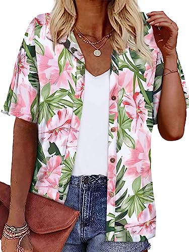 LILYCHIC Women's Floral Button Down Hawaiian Shirts Luau Party Outfits Tropical Tops Summer Boho Beach Tourist Costume Plus Size Short Sleeve White, 2XL