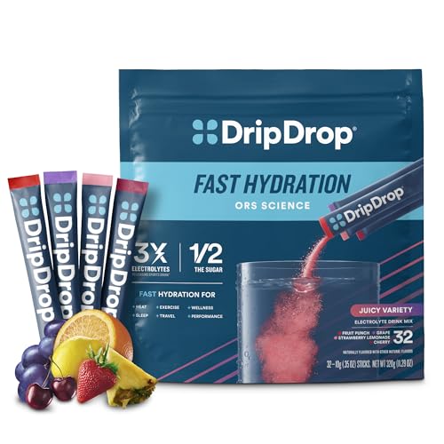 DripDrop Hydration Juicy Variety Pack Electrolyte Drink Mix Single-Serve Powder Packets- Grape, Fruit Punch, Strawberry Lemonade, Cherry - 32 Servings