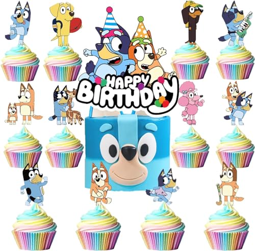 13PCS Blue Dog Cake Cupcake Topper Decorations Cartoon Dog Happy Birthday Party Supplies Kids's Birthday Cake Party Decorations Supplies for Boys Girls' Theme Parties