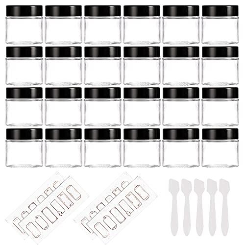 24 Pack 2oz Clear Glass Jars with Black Lids, Round Empty Containers for Scrubs, Lotions, Cosmetic, and Ointments, Travel Storage Jar with White Inner Liners, lables and Spatulas
