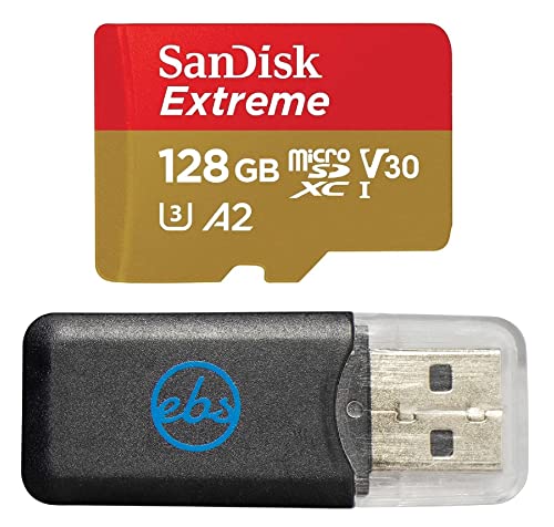 SanDisk 128GB Micro SDXC Extreme Memory Card for DJI Drones Works with Mini 3 Pro, Mini 3, DJI RC (SDSQXA1-128G-GN6MN) Class 10 Bundle with (1) Everything But Stromboli Micro SD Card Reader