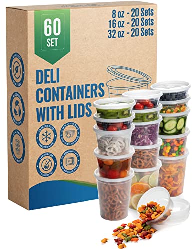 SafeWare Deli Plastic Food Storage Containers with Airtight Lids [ 20Sets-8oz | 20Sets-16oz | 20Sets-32oz] - Great for Slime, Microwave | Dishwasher | Freezer Safe | Leakproof | (60 Mix Sets)