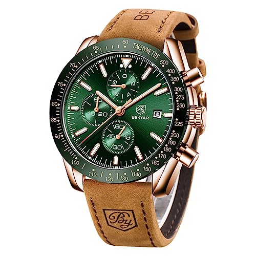 BY BENYAR Men's Watches Analog Quartz Waterproof Watch Sport Leather Watch for Men Fashion Elegant Chronograph Casual Wristwatch（Green）