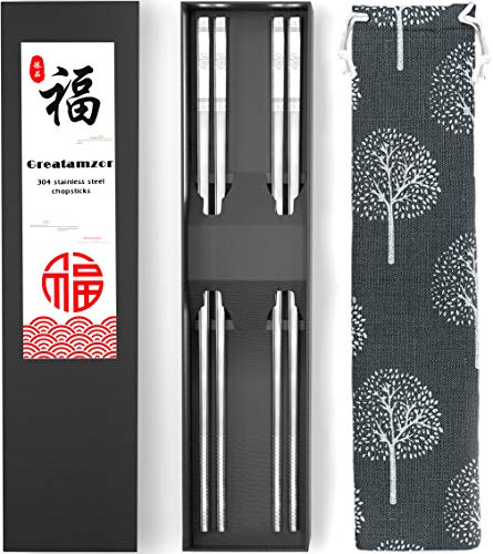 Metal Chopsticks 304 Stainless Steel Chopsticks Reusable Dishwasher Safe Square Japanese Chinese Korean Chop sticks for Cooking Eating with Travel Carrying Cotton Bag Gift Set, 9 1/2 Inches (2 Pairs)