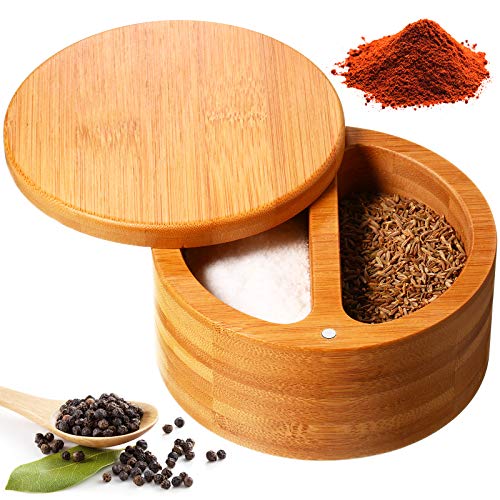 Salt Box Salt Keeper Bamboo Salt and Pepper Box Container, Salt Cellar with Swivel Lid and Magnet for Kitchen to Keep Food Dry (2 Storage Compartments,4.72 x 2.36 Inch)