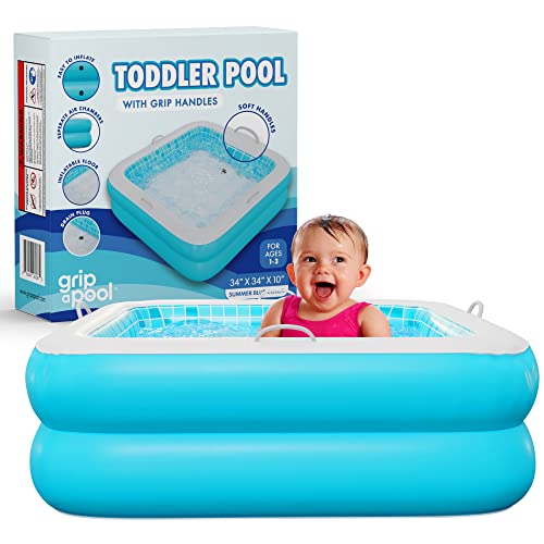 Inflatable Baby Pool with Blow Up Padded Floor, Grip Handle Bars and Drain - Skin Safe Small Kiddie Pool, Bathtub and Ball Pit, First Birthday Gift for Boys, Infants and Toddlers 1-3, 34' Summer Blue