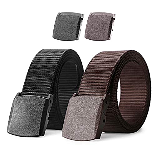 JASGOOD Nylon Military Tactical Men Belt 2 Pack Webbing Canvas Outdoor Web Belt with Plastic Buckle, E-Black+Coffee, Fits Pant up to 45 Inch