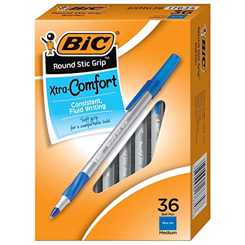 BIC Round Stic Grip Xtra Comfort Blue Ballpoint Pens, Medium Point (1.2mm), 36-Count Pack, Excellent Writing Pens With Soft Grip for Superb Comfort and Control