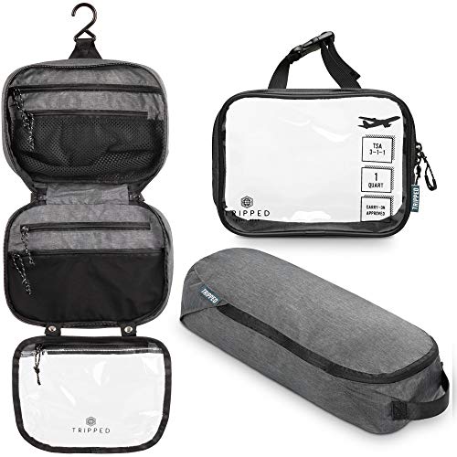 Toiletry Bag Kit Set: Hanging Travel Toiletry Bag + 311 TSA Cosmetic Liquid Bag + Ultralight Accessory Organizer Pouch Grey