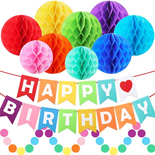 Happy Birthday Banner, Rainbow Birthday Banner for Birthday Decorations, Colorful Paper Honeycomb Balls, Circle Dots Hanging Decorations