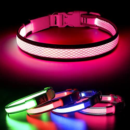 BSEEN Light Up Dog Collars - Glow in The Dark Puppy Collars for Small Dogs, Rechargeable LED Dog Collar, Reflective Cat Collar, Flashing Dog Lights for Night Walking (Pink, Small)