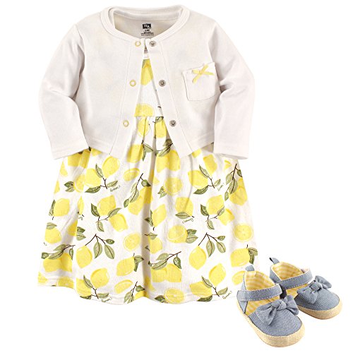 Hudson Baby baby girls Cotton Dress, Cardigan Shoe Set infant and toddler sweaters, Lemon, 3-6 Months US
