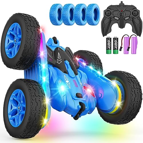 Terucle Remote Control Car, Rc Cars Stunt RC Car Toys New Upgraded Strip Lights and Headlights Car Toys Double-Sided 360° Rotating 4WD Rc Drift Truck for Boys Girls Birthday Gift (Blue)