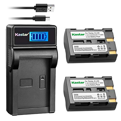 Kastar Battery (X2) & LCD Slim USB Charger for Pentax D-Li50 and Pentax K10 K10D K20 K20D Konica Minolta NP-400 Sigma BP-21 A-5 A-7 Dimage A1 A2 Dynax Maxxum 5D 7D Samsung SLB-1647 GX-10/20 Sigma SD1