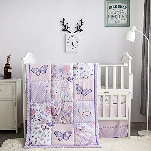 La Premura Crib Bedding Set for Girls – Lilac Butterfly 3 Piece Standard Size Crib Bedding Sets for Baby Girl, Pastel Pink and Purple