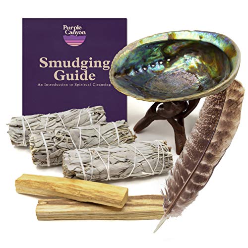 Purple Canyon Smudge Kit (Beginner's Gift Set) - 3 White Sage Smudge Sticks, 2 Palo Santo, Abalone Shell, Smudge Feather w/Stand + Smudging Guide for Home Cleansing & Healing Meditation Rituals