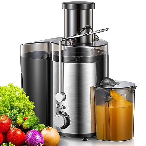 Qcen Juicer Machine, 800W Centrifugal Juicer Extractor with Wide Mouth 3” Feed Chute for Fruit Vegetable, Easy to Clean, Stainless Steel, BPA-free (Black)