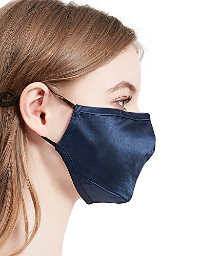 DCSTA Navy Blue Cloth Face Mask Mulberry Silk with Nose Wire Reusable, Hypoallergenic Silk Face Masks for Men Women Acne Wedding Party Washable