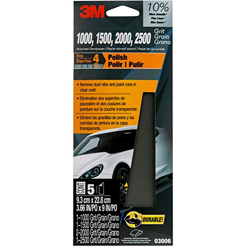3M Wetordry Sandpaper, 5 Sheets, 3-2/3 in x 9 in, Assorted Grits (1000 / 1500 / 2000 / 2500), Use for Wet and Dry Sanding, Longer Lasting Sandpaper, Great for Auto Body Repair, Smooth Finish (03006)
