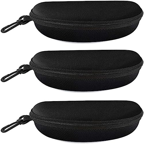 alladaga 3 Pack Zipper Shell Eyeglasses and Sunglasses Case with Plastic Carabiner Hook (Black)