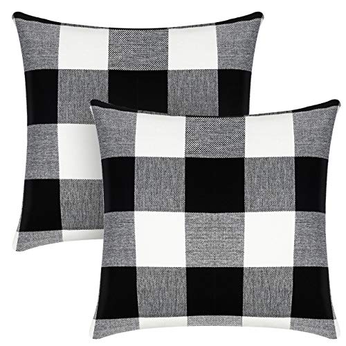 Syntus Set of 2 Buffalo Check Throw Pillow Covers Farmhouse Outdoor Plaid Square Pillow Cushion Case Black and White Polyester Linen for Christmas Thanksgiving Decor Car Bed Sofa, 18 x 18 inches