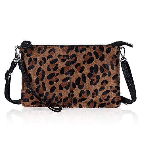 befen Women's Leather Wristlet Mini Crossbody Bag, Small Shoulder Bag Clutch Purse with Card Slots (Tan Leopard)