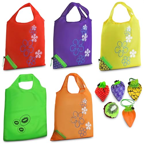 5Pcs Reusable Grocery Bags Foldable - Fruit Grocery Tote Bag for Women Reusable Shopping Bags Travel Tote Bags Small Shopping Bags - Foldable Storage Tote Bag Purse Cute Reusable Grocery Bag Storage
