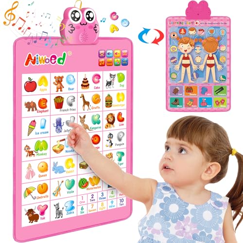 Electronic Interactive Double-Sided Alphabet Wall Chart, Talking ABC & 123 & Music & Learning Poster, Educational Toddlers Toys for Ages 2-4 and Up Kids Gift, Best for Preschool Boys & Girls(Pink)