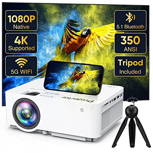 Native 1080P Projector with 5G WiFi Bluetooth (with Tripod), 4K Supported Home Projector, Portable Outdoor Projector with Max 300' Display, Movie Projector Compatible with TV Stick, HDMI, Phone